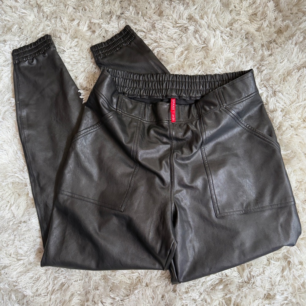 Spanx Black Faux Leather Joggers High Rise Cargo Pocket Pants Elastic Cuff XL